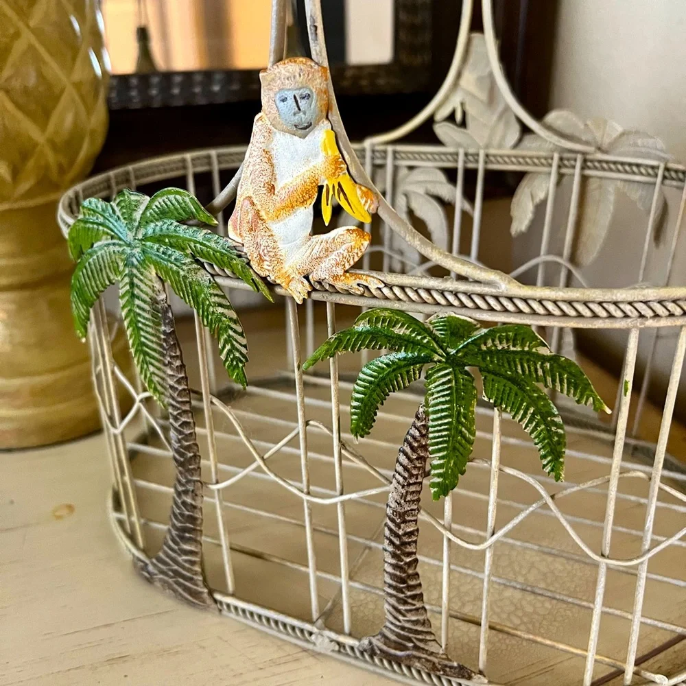 Large Tropical Palm Tree Wire Basket with Monkey Accent